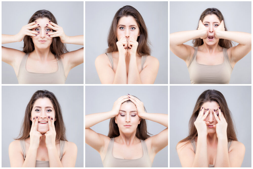 a woman doing facial exercises 